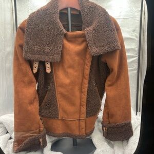 Topshop Brown Faux Shearling Moto Jacket